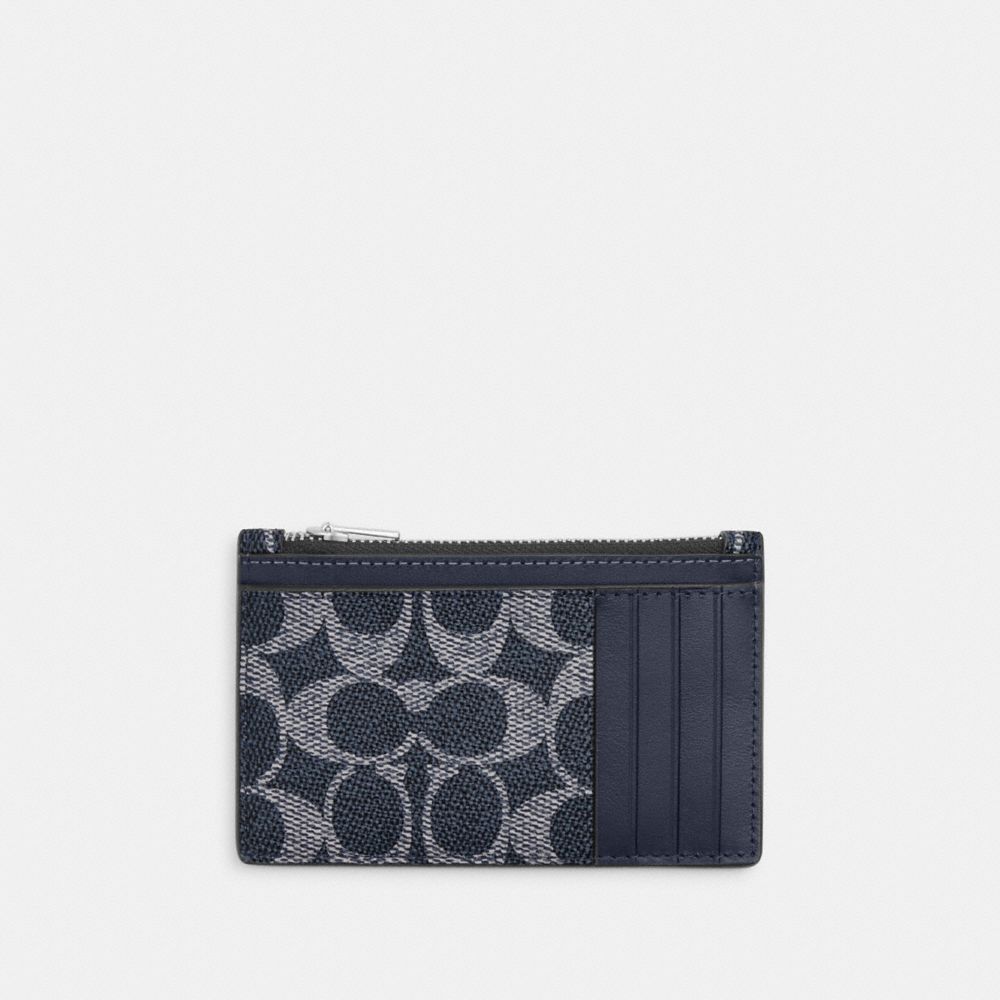 Coach Zip Card Case In Signature Canvas Silver Denim Chalk