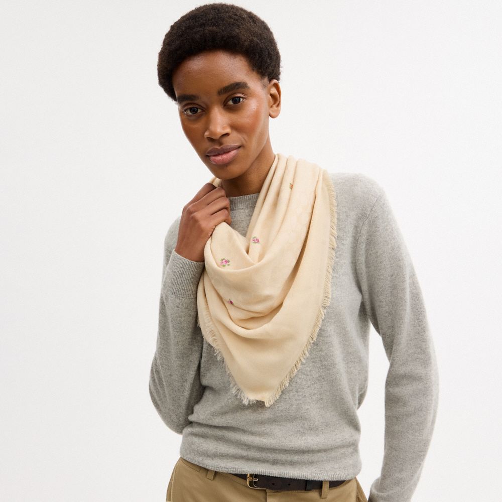 Coach Signature Mini Vintage Rose Print Oversized Square Scarf Sand