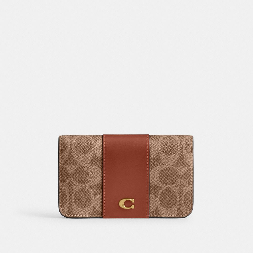 Coach Essential Slim Card Case In Signature Canvas Brass Tan Caramel