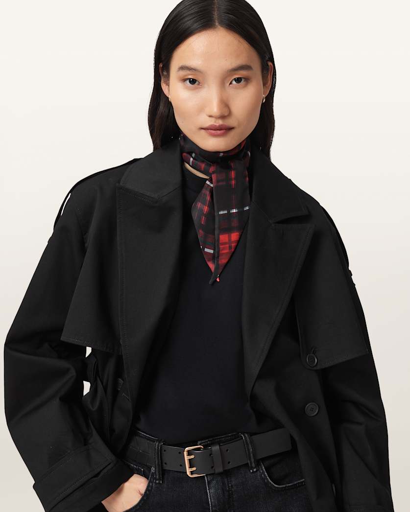 AllSaints Indy Skinny Silk Scarf Women's Black/Red Women's