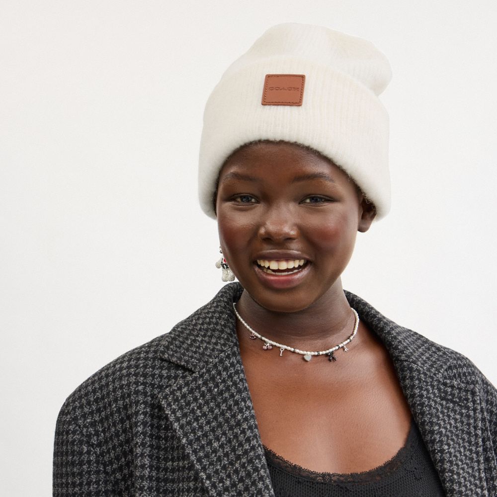 Coach Knit Beanie With Leather Patch Chalk