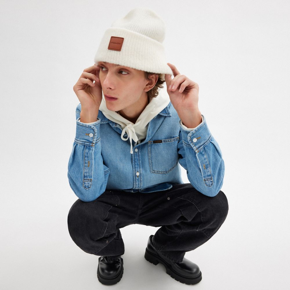 Coach Knit Beanie With Leather Patch Chalk