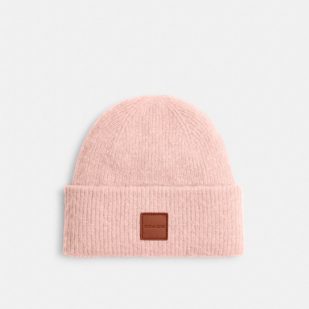 Coach Knit Beanie With Leather Patch Peach