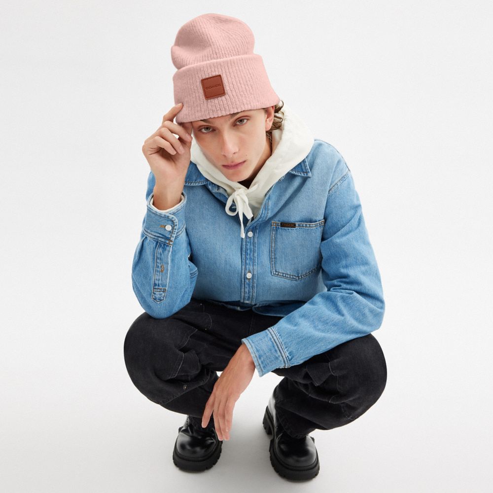 Coach Knit Beanie With Leather Patch Peach