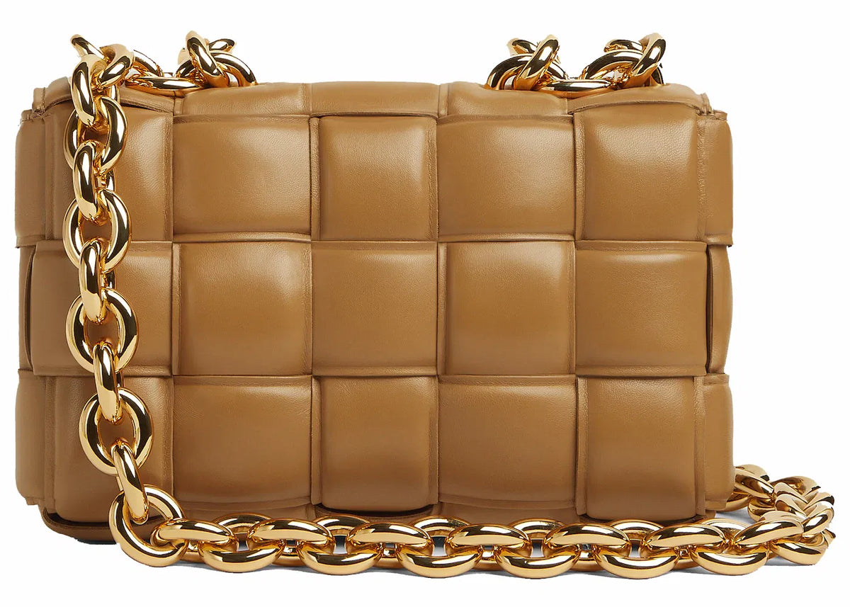 Bottega Veneta Chain Cassette Padded Intreccio Shoulder Bag Caramel
