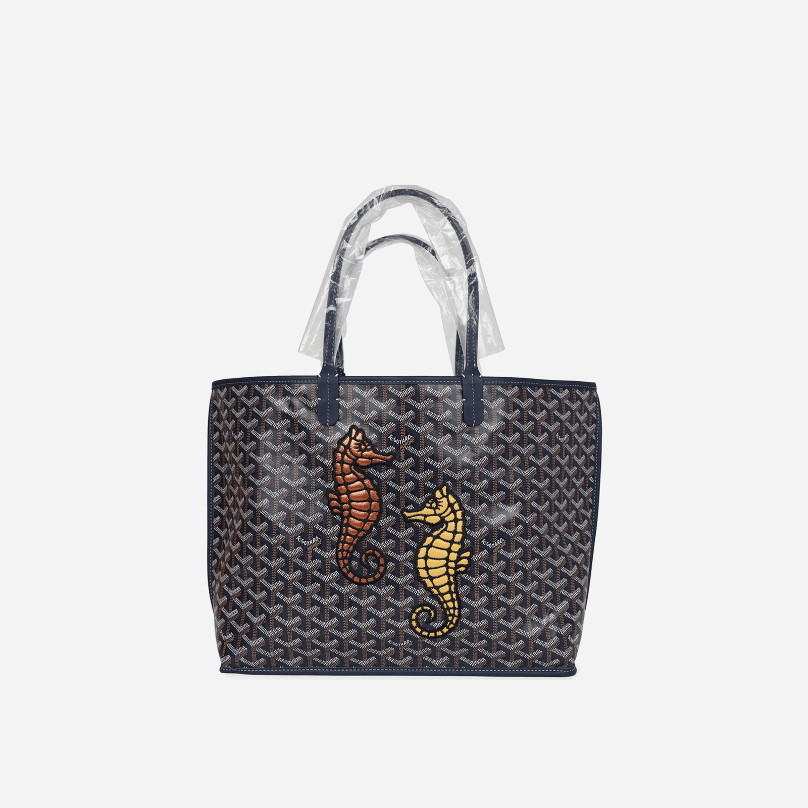 Goyard Goyardine Navy Blue Anjou PM Embroidered Seahorse Bag Palladium Hardware