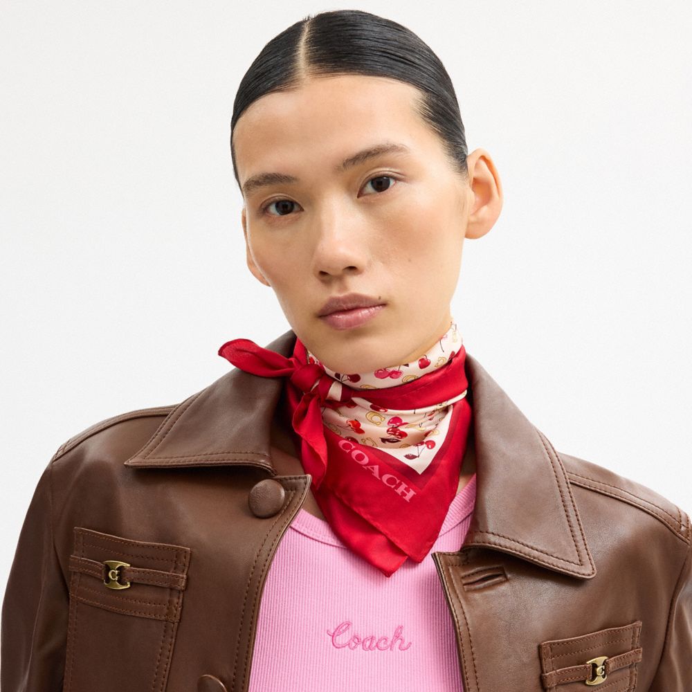 Coach Sculpted C Cherries Print Silk Bandana Chalk Red