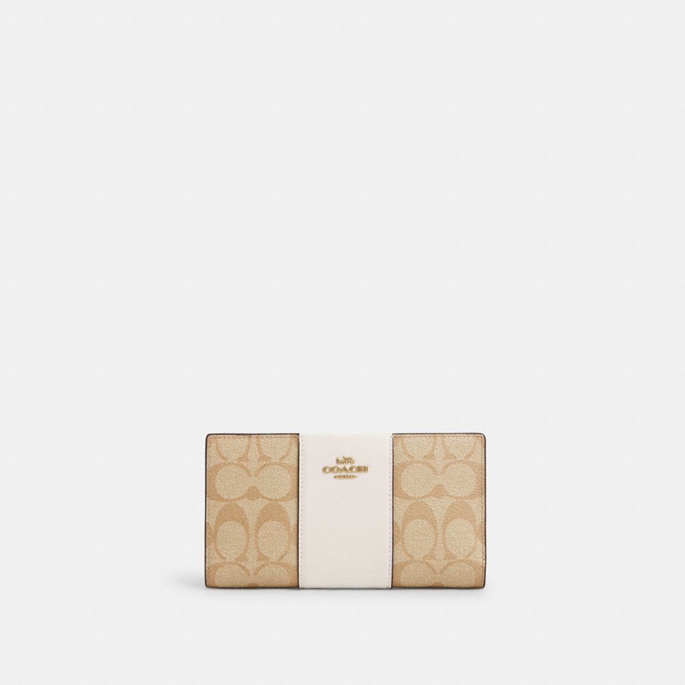 Coach Slim Zip Wallet In Signature Canvas With Stripe Gold Light Khaki Chalk Lt Saddle