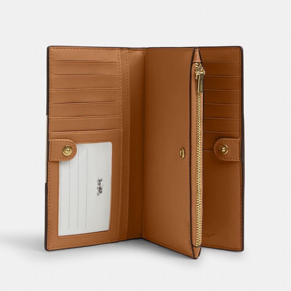 Coach Slim Zip Wallet In Signature Canvas With Stripe Gold Light Khaki Chalk Lt Saddle