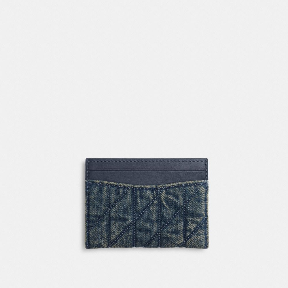 Coach Essential Card Case In Regenerative Cotton Denim With Quilting Brass Dark Indigo