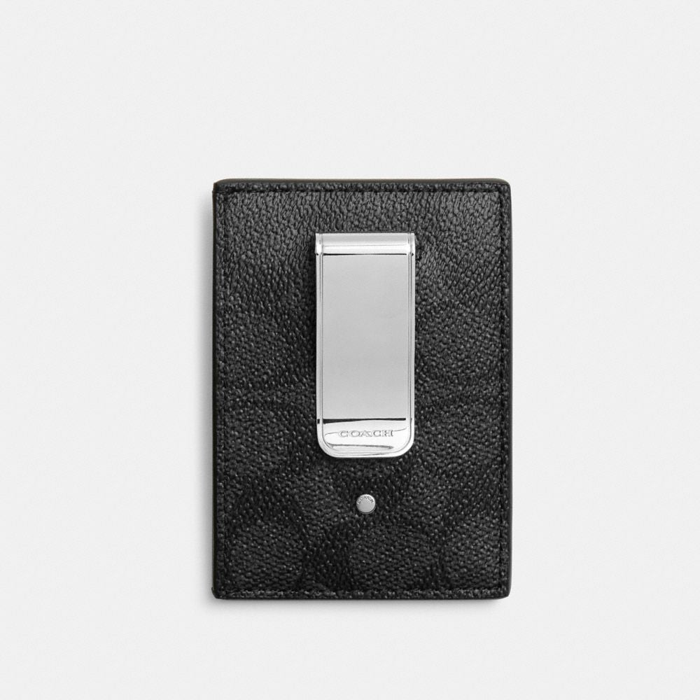 Coach Money Clip Card Case In Signature Canvas Charcoal
