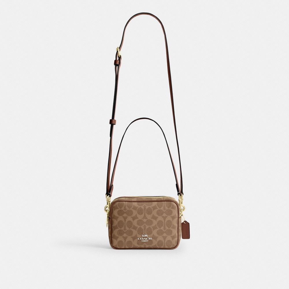 Coach Mini Carey Crossbody Bag In Signature Canvas Gold Tan Brown