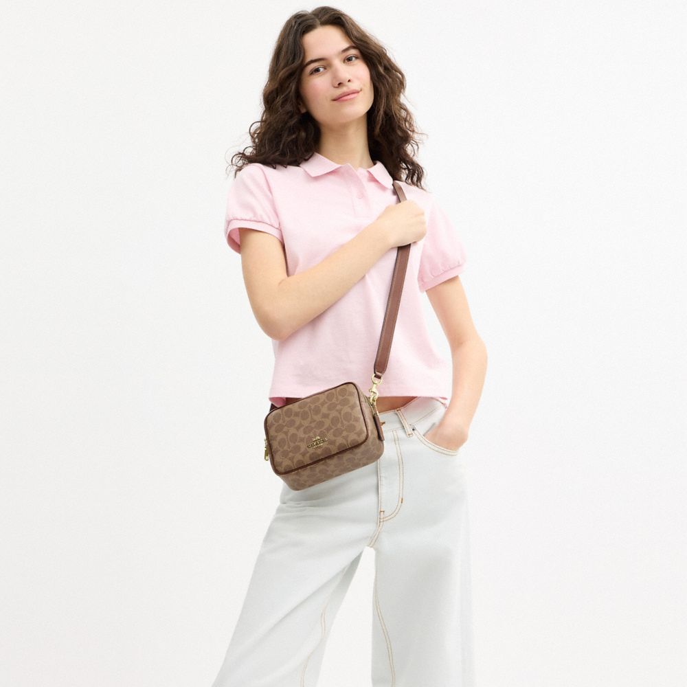 Coach Mini Carey Crossbody Bag In Signature Canvas Gold Tan Brown