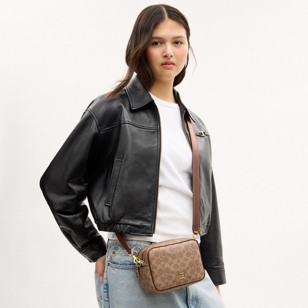 Coach Mini Carey Crossbody Bag In Signature Canvas Gold Tan Brown