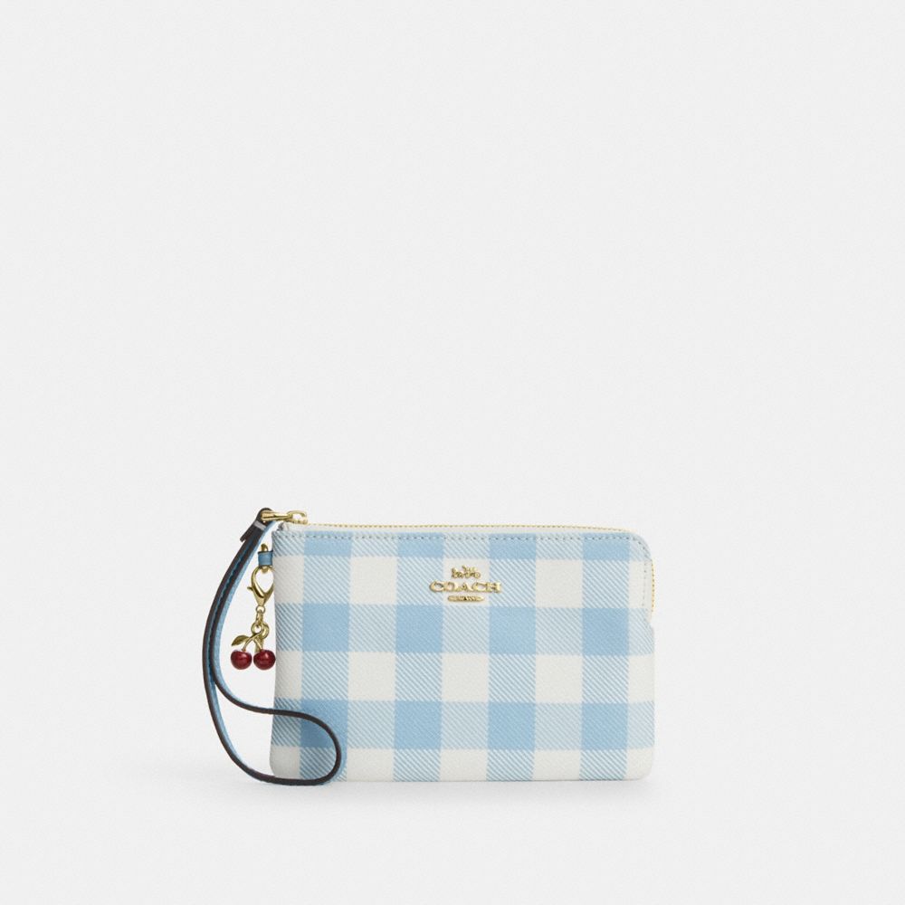 Corner Zip Wristlet With Gingham Print And Charm