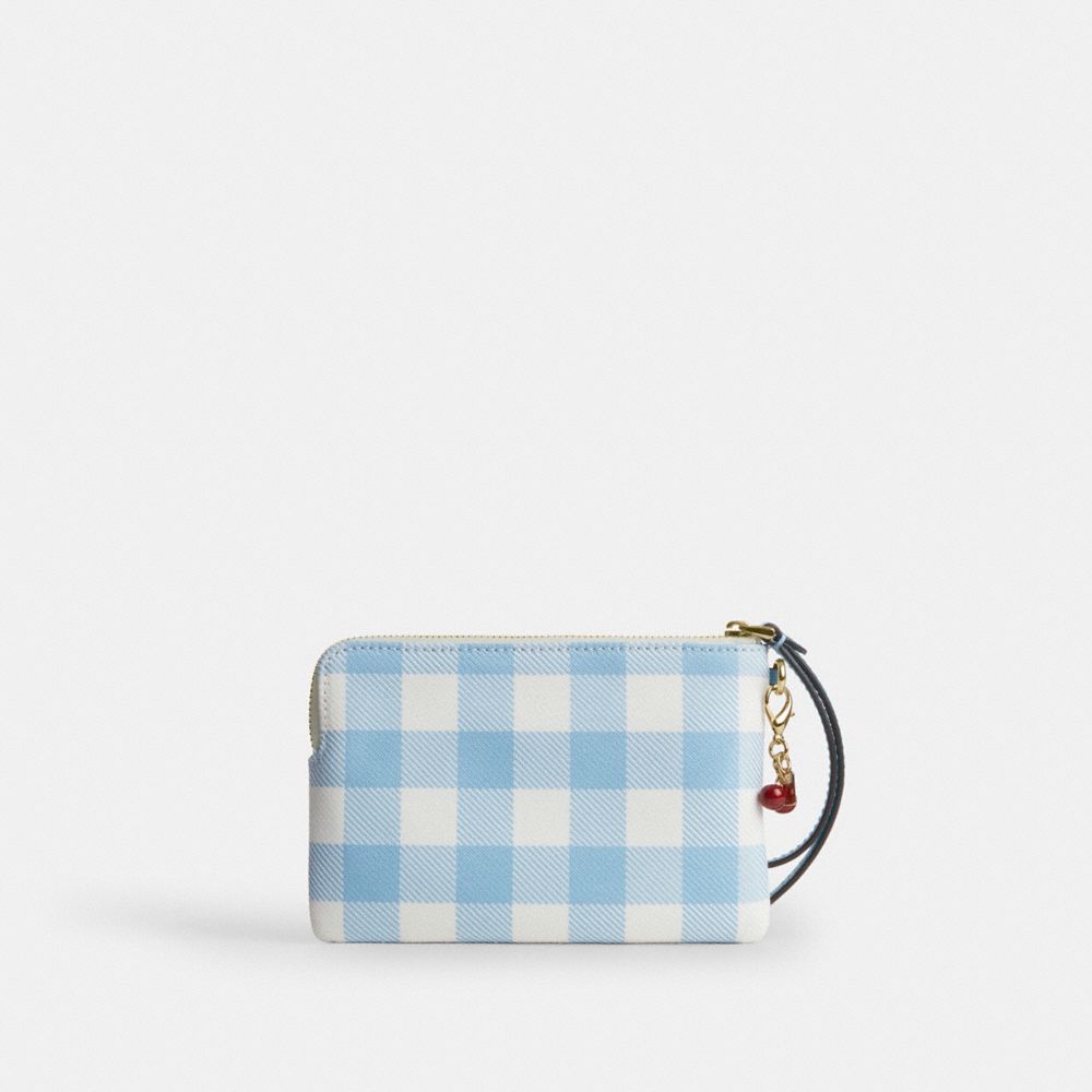 Corner Zip Wristlet With Gingham Print And Charm