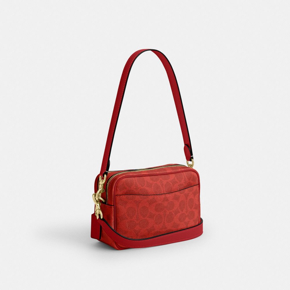 Coach Mini Carey Crossbody Bag In Signature Canvas Gold Crimson