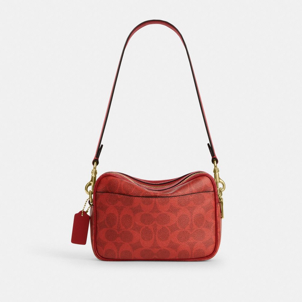 Coach Mini Carey Crossbody Bag In Signature Canvas Gold Crimson