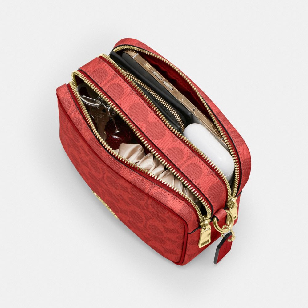 Coach Mini Carey Crossbody Bag In Signature Canvas Gold Crimson
