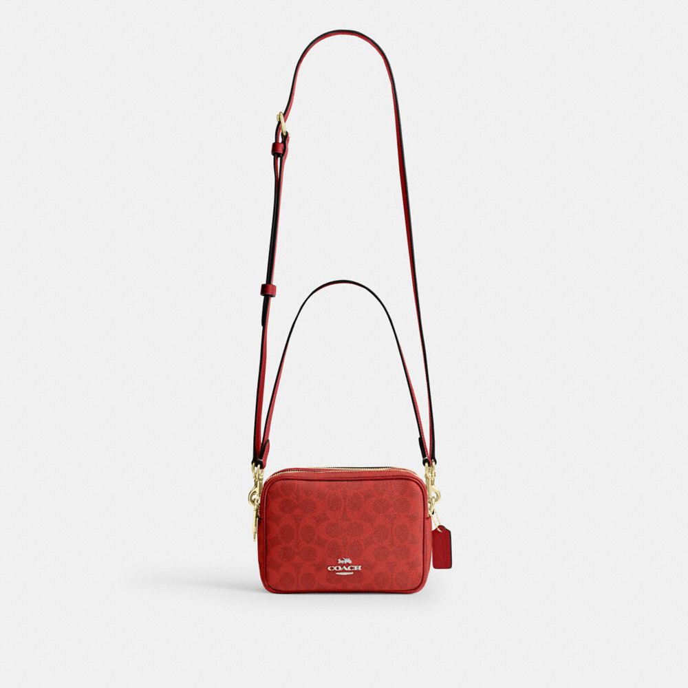 Coach Mini Carey Crossbody Bag In Signature Canvas Gold Crimson