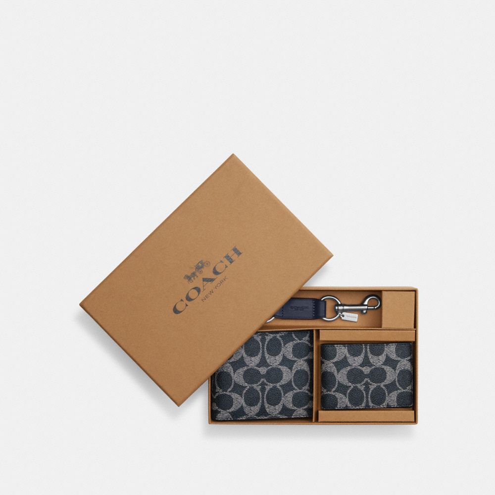 Coach Boxed 3 In 1 Wallet Gift Set In Signature Canvas Silver Denim Chalk