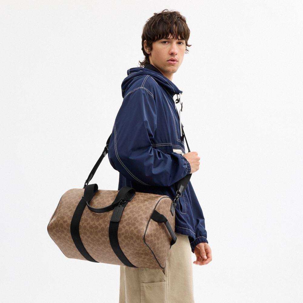 Coach Explorer Duffle Bag 45 In Signature Canvas Matte Black Tan Black