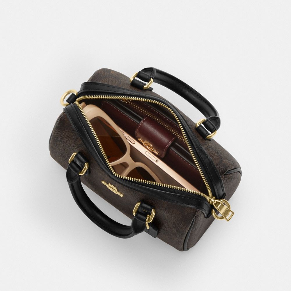 Coach Mini Rowan Crossbody Bag In Signature Canvas Gold Walnut Black