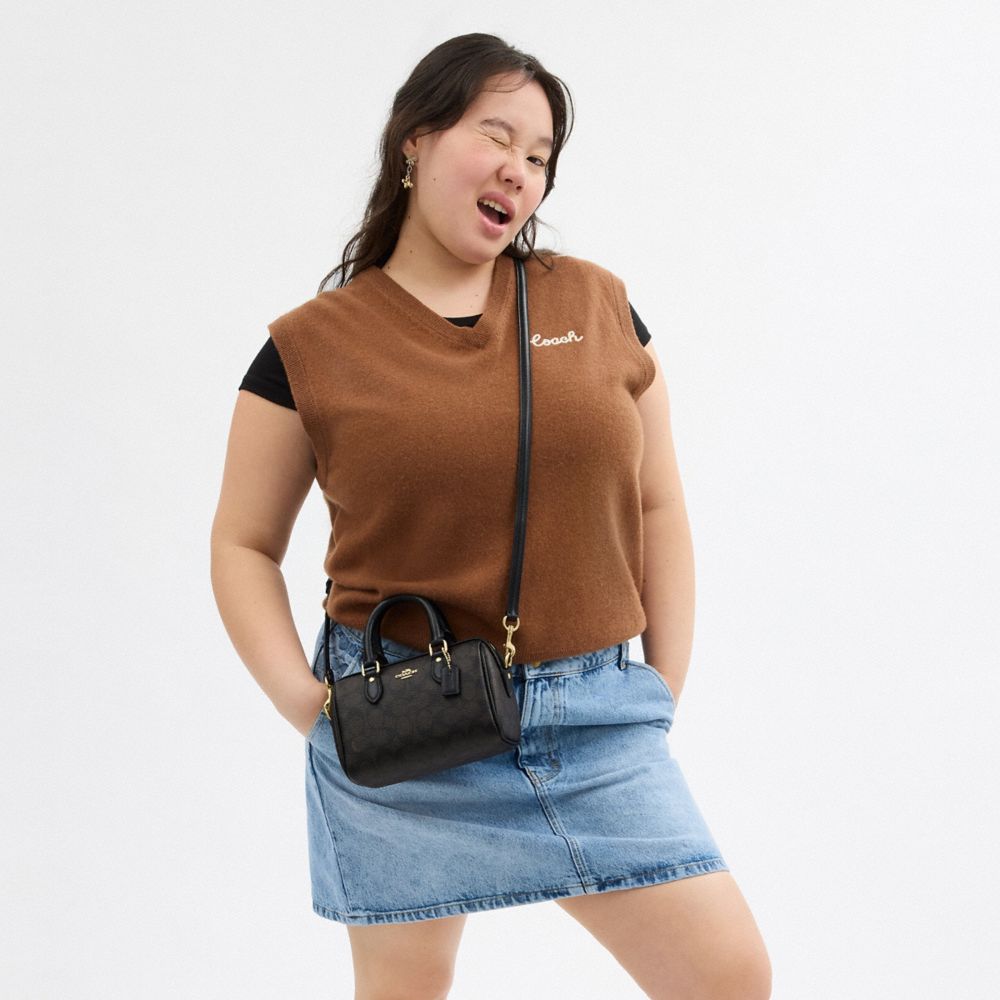Coach Mini Rowan Crossbody Bag In Signature Canvas Gold Walnut Black