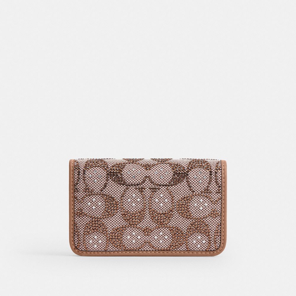 Coach Essential Slim Card Case In Crystal Signature Jacquard Brass Mushroom