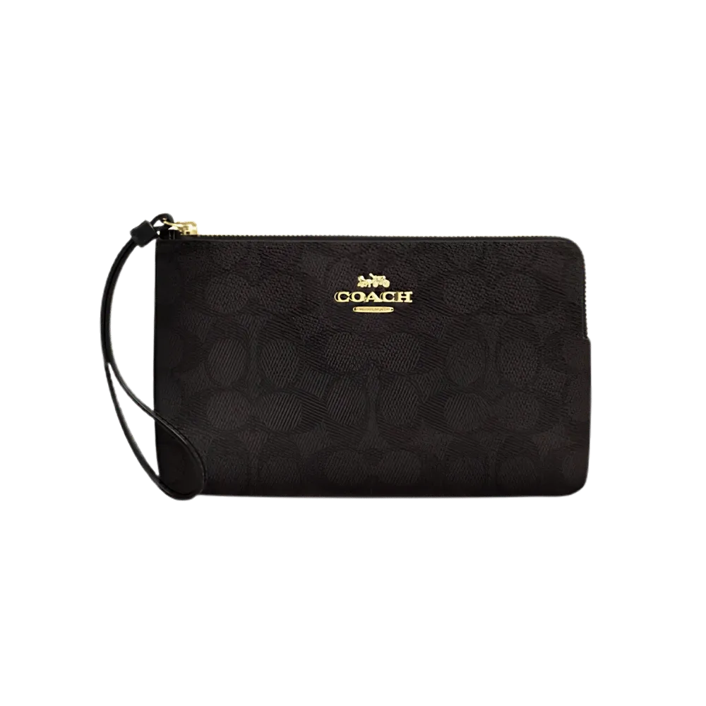 Coach Large Corner Zip Wristlet In SIgnature Canvas in Walnut Black