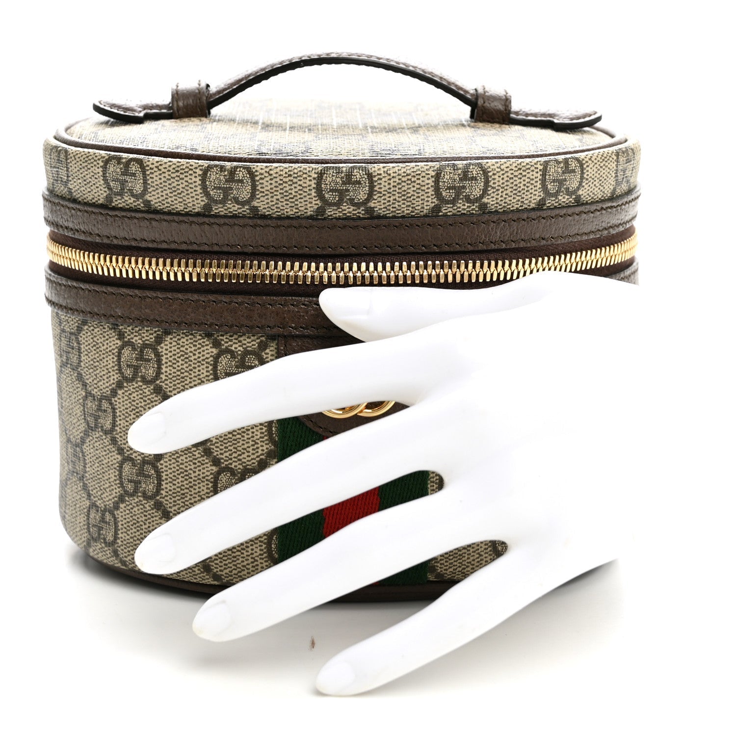 Gucci GG Supreme Monogram Textured Calfskin Web Ophidia Vanity Cosmetic Case Beige Ebony New Acero