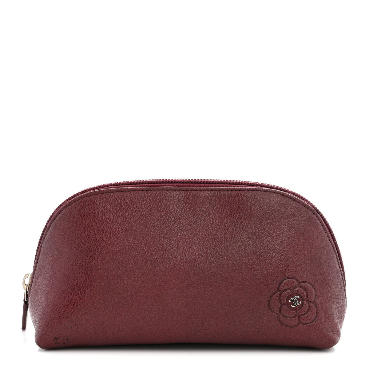 Chanel Goatskin Camellia Embossed Cosmetic Case Dark Red