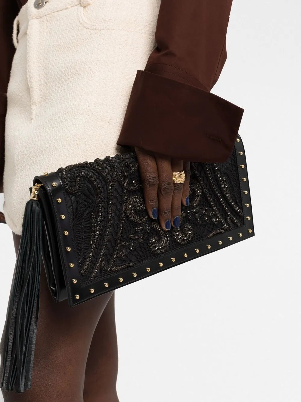 crystal-embroidered leather clutch bag