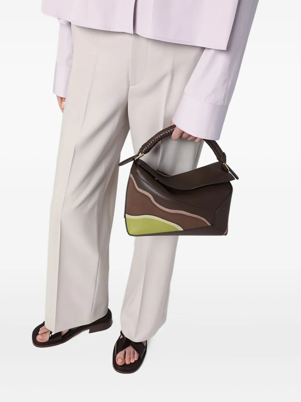 Puzzle braided-handle panelled tote bag