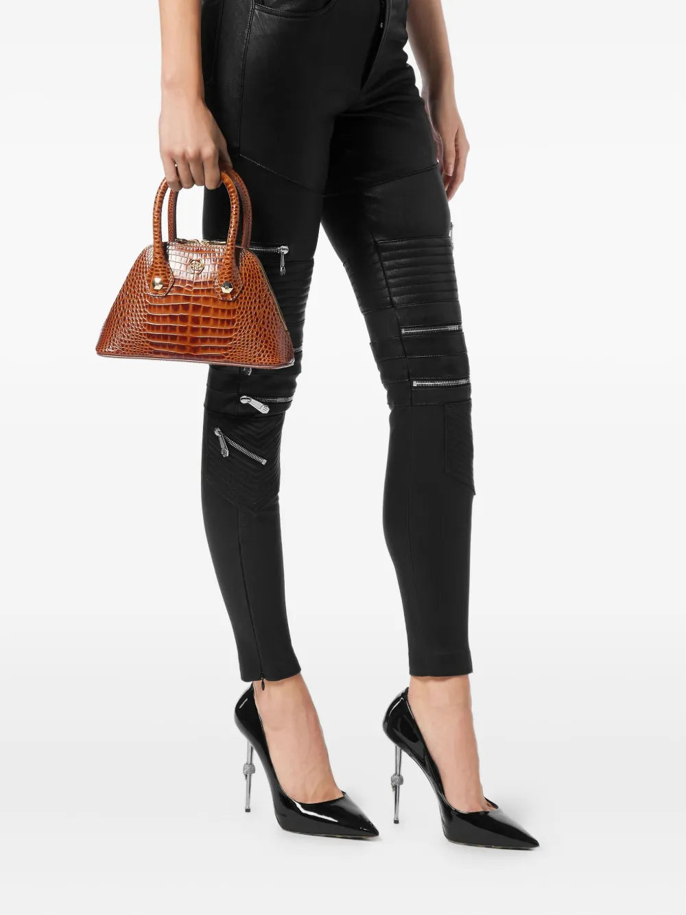 crocodile-effect top-handle tote bag