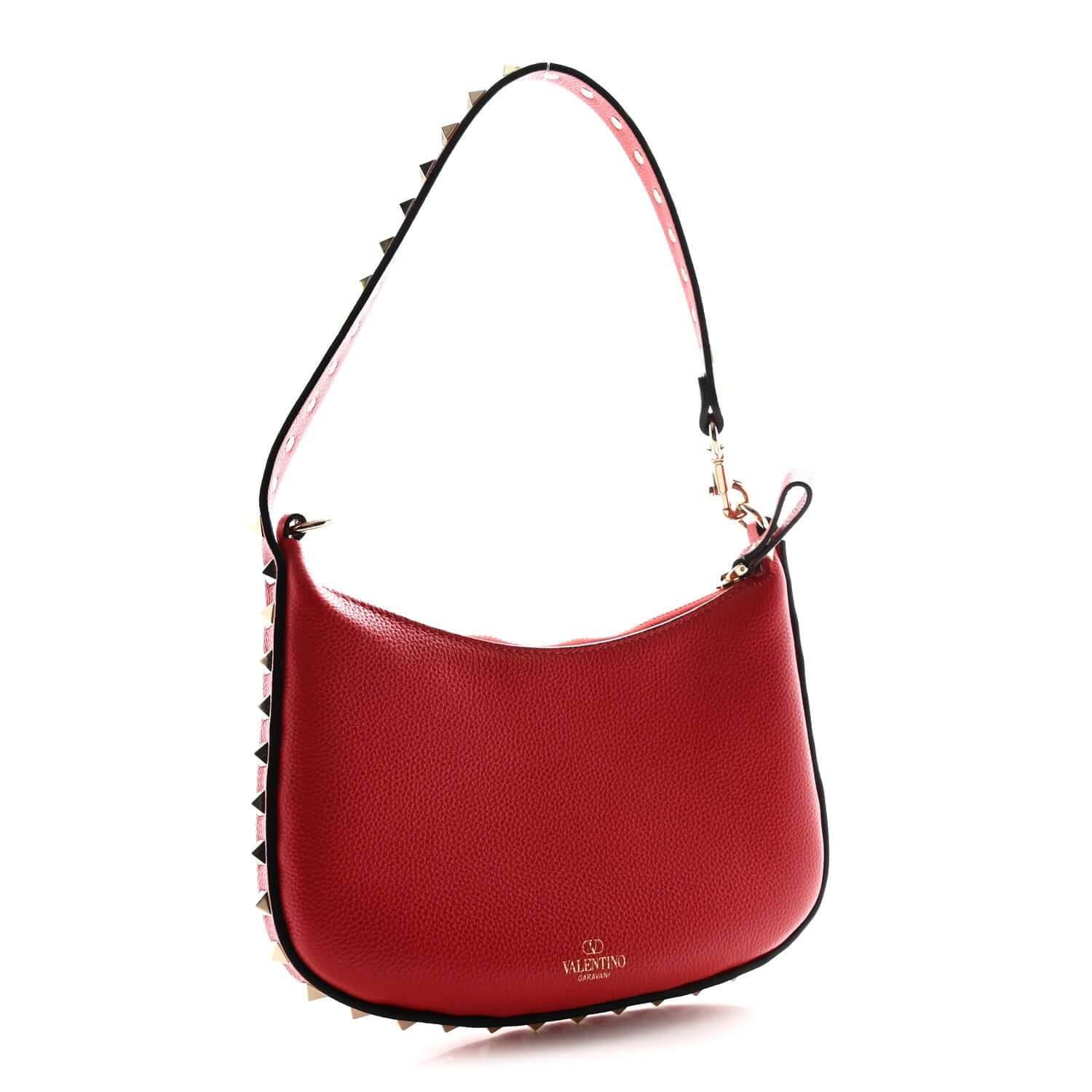 Grainy Calfskin Rockstud Mini Hobo Red
