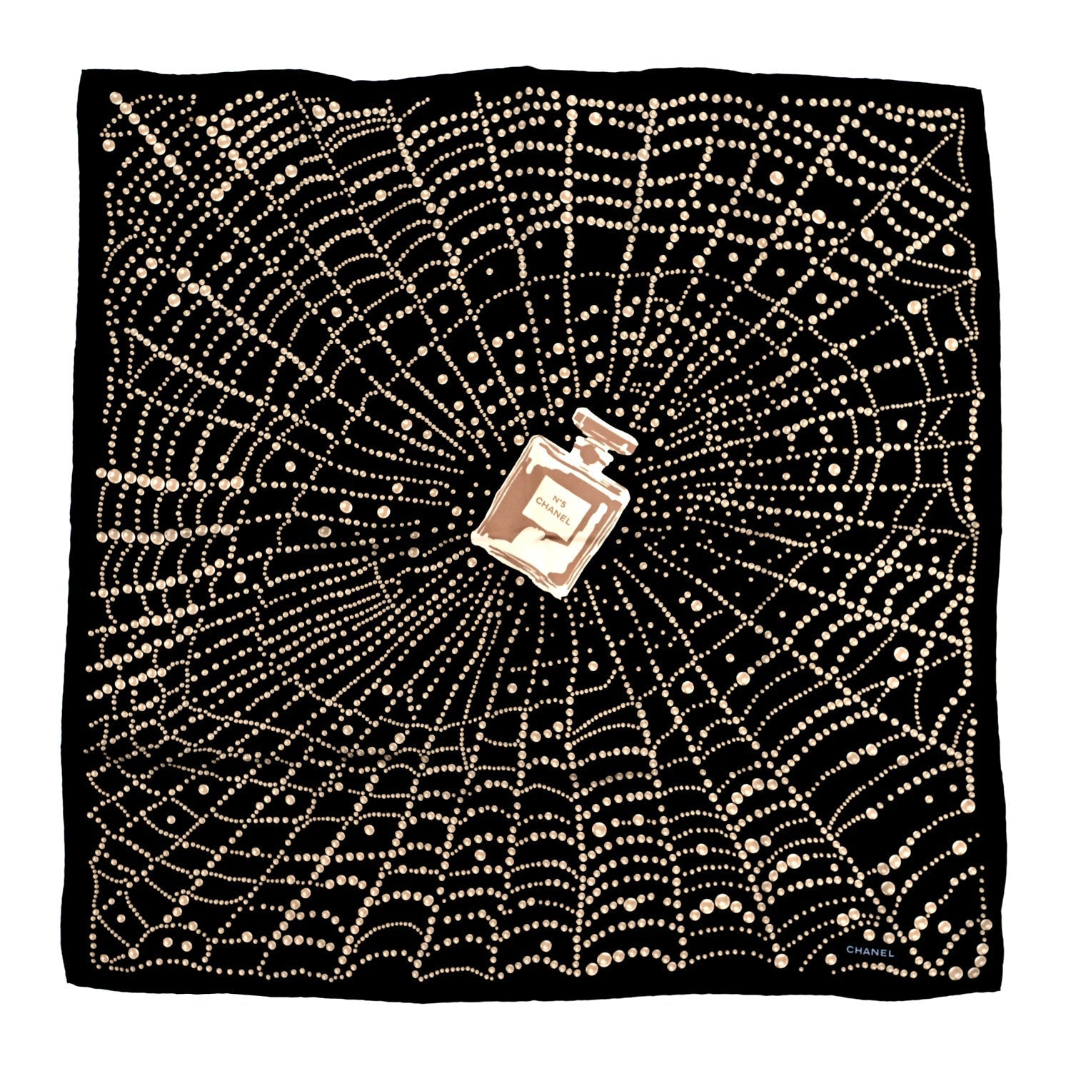 Chanel Silk N°5 Perfume Square Scarf Black Multicolor