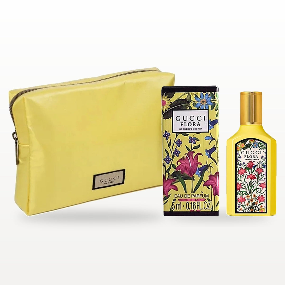 Gucci gift set (Gucci vanilla orchid makeup bag + gucci flora vanilla edp 5 ml