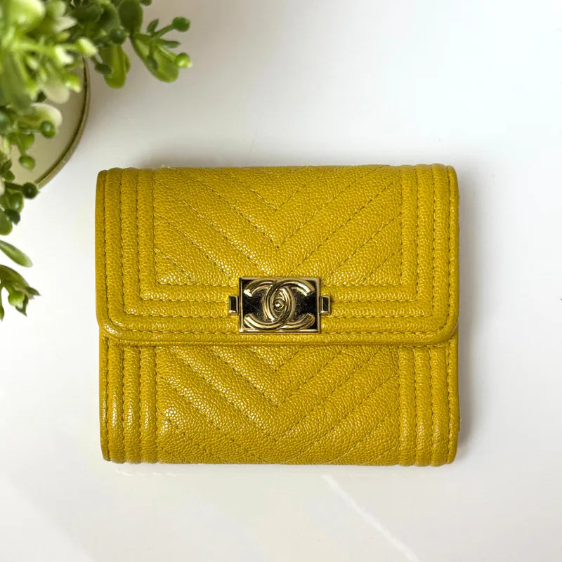 C528 - CHANEL Mustard Boy Chanel Caviar Leather Flap Wallet
