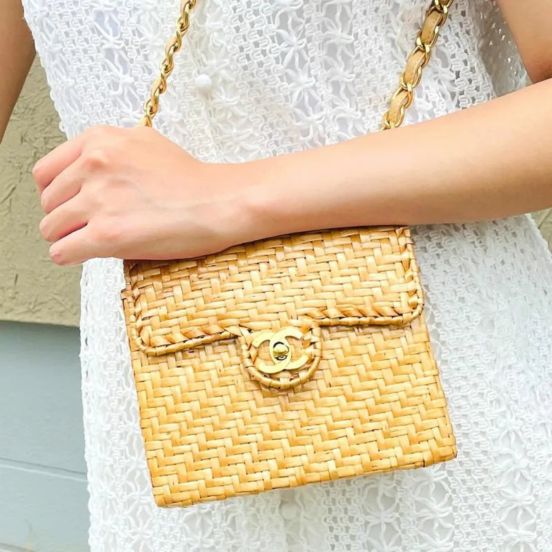JR919 - CHANEL Vintage Brown Rattan 17cm Mini Square Flap Bag