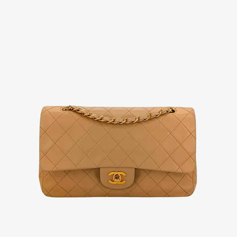 C469 - CHANEL Vintage Beige Lambskin 25cm Classic Flap Bag