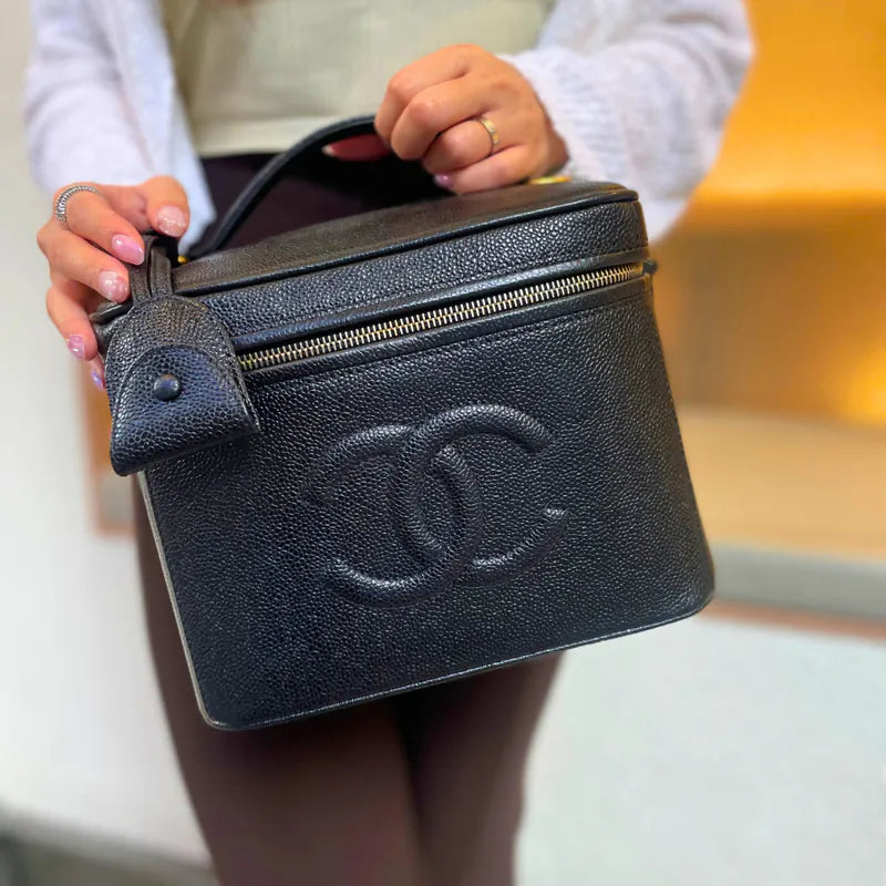 JS502 - CHANEL Vintage Black Caviar Embossed Logo Cosmetic Bag