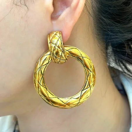 JR881 - CHANEL Vintage Gold Tone Quilted Large Hoop Plated Clip-On Earrings
