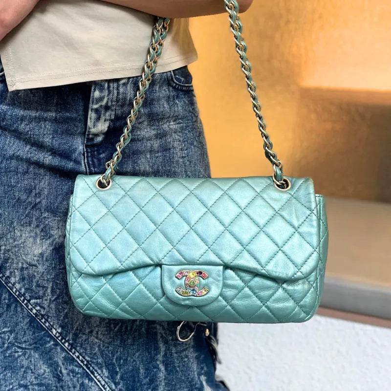 RA595 - CHANEL Vintage Green Lambskin Crystal Embellished Flap Bag