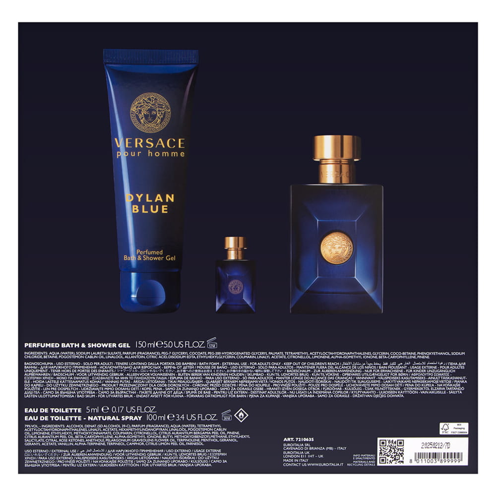Versace Dylan Blue Pour Homme 3 Piece Set Includes: 3.4 oz Eau de Toilette Spray + 0.17 oz Eau de Toilette Mini + 5.0 oz Perfumed Bath & Shower Gel