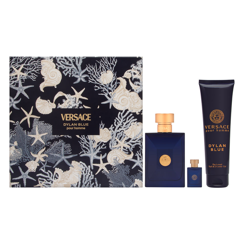Versace Dylan Blue Pour Homme 3 Piece Set Includes: 3.4 oz Eau de Toilette Spray + 0.17 oz Eau de Toilette Mini + 5.0 oz Perfumed Bath & Shower Gel