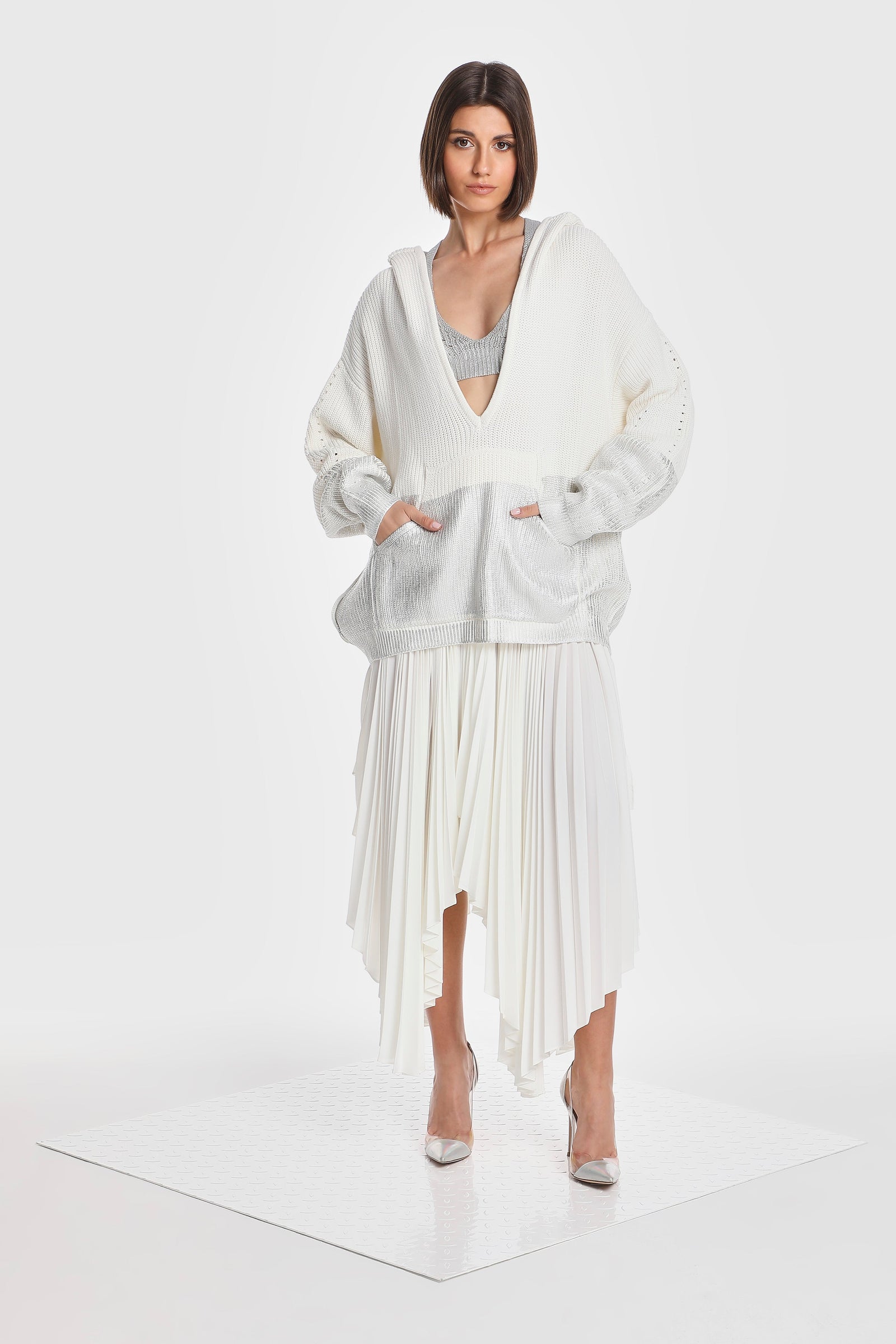 ASYMMETRIC PLEATED SKIRT W/ VEGAN LEATHER WAIST