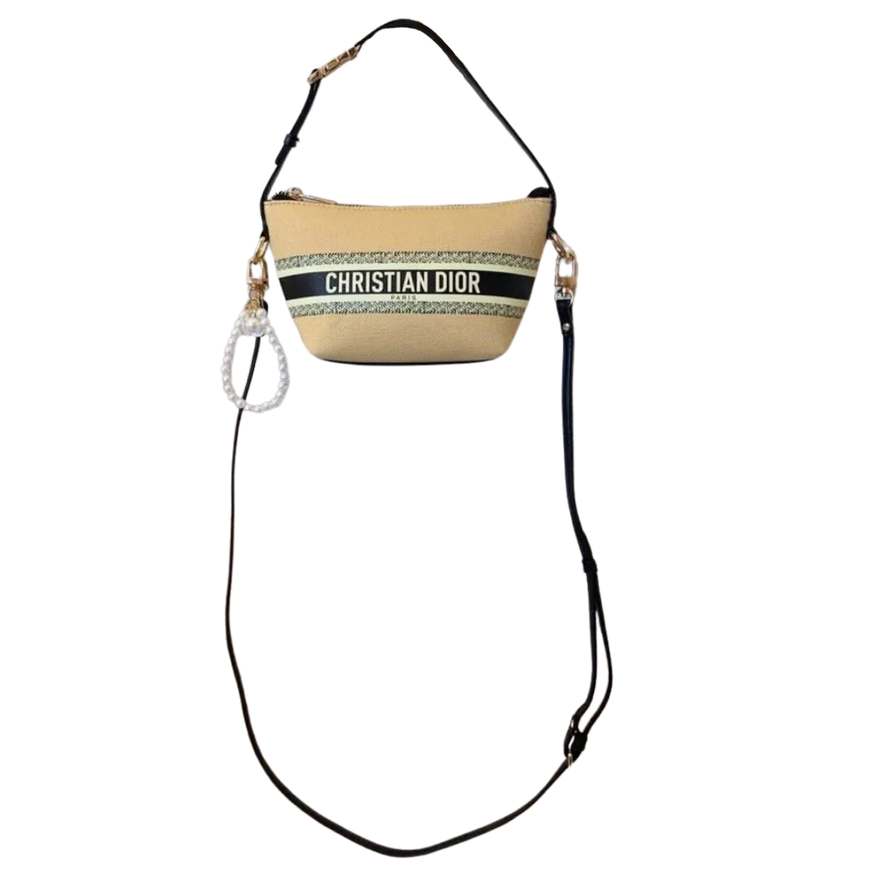 Christian Dior Handbag with Leather Strap + Pearl Charm Keychain - Beige