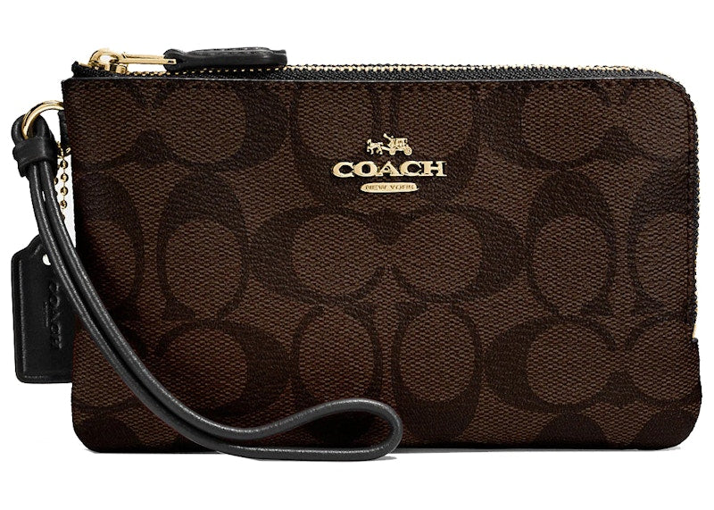 Coach Double Corner Zip Wristlet Large Signature Canvas Brown/Black