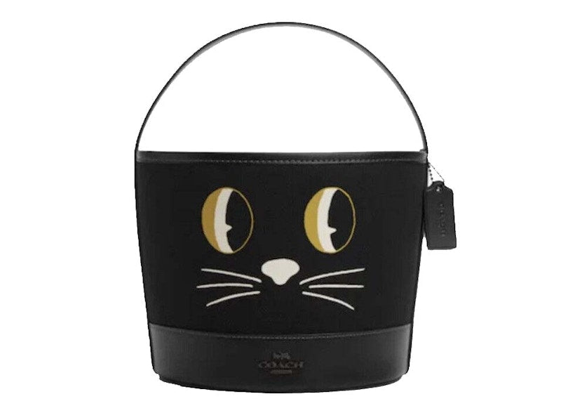 Coach Halloween Trick Or Treat Bucket Tote Bag Black Cat Face Black